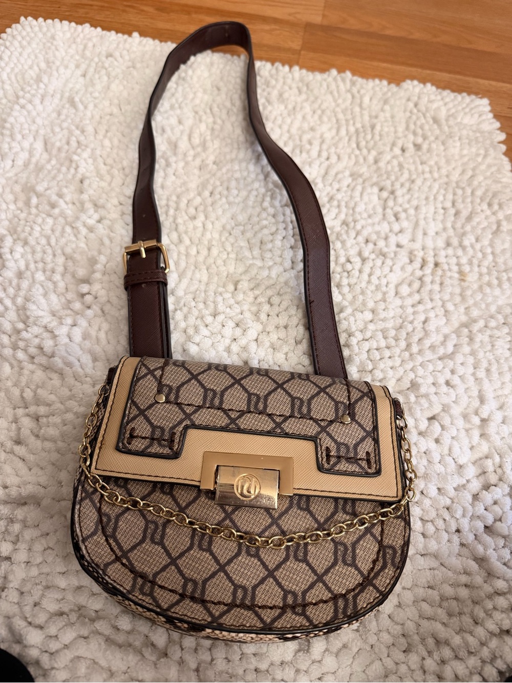 Brown Patterned Crossbody Bag with Gold Chain Detail